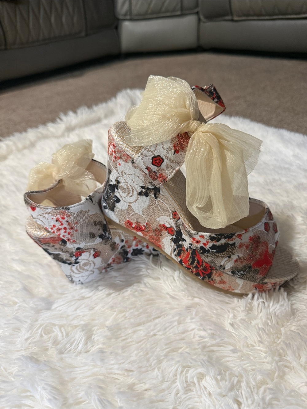 Floral Lace Wedge Sandals with Cream Bow - Women's Heels